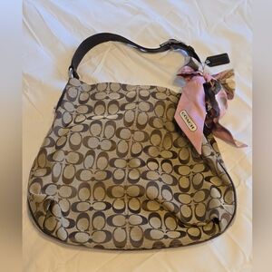 Coach Brown and Cream Signature Shoulder Bag with Pink Accent